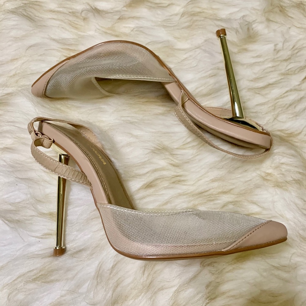 New Fashion Nova Bestie Nude with Gold Heel Shoes